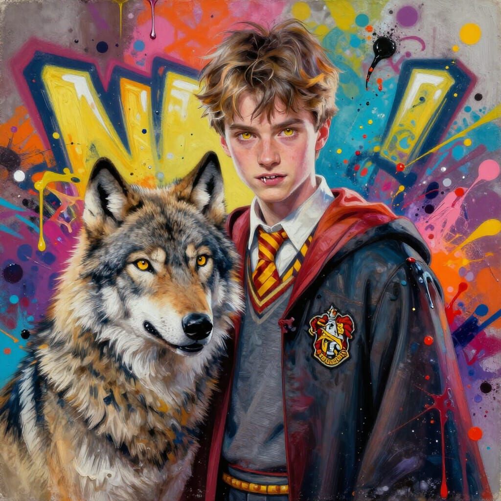 Gryffindor Wizard with Gold Eyes and Wolf Companion
