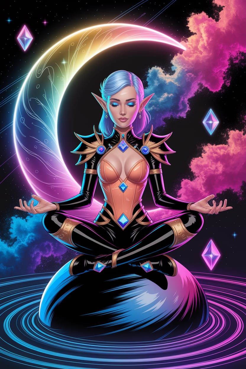 Elf Meditates on Moon in Colorful Nebula