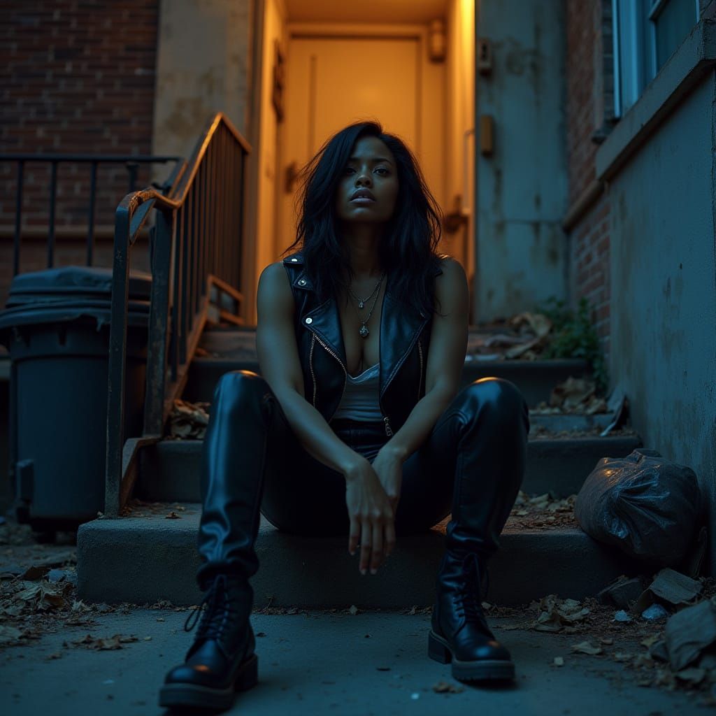 African American Woman on Urban Stoop in Dramatic Light