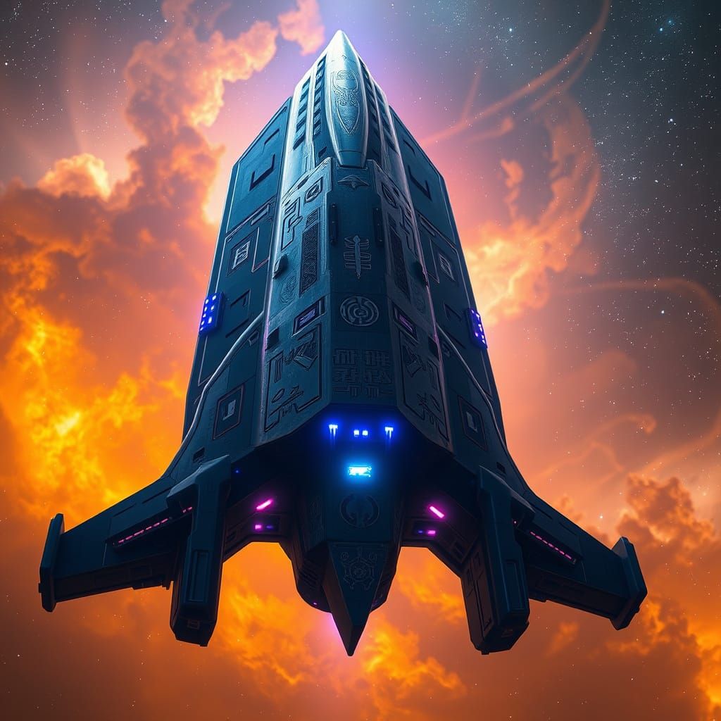 Cosmic Spaceship Emerges from Vibrant Nebula in Cyberpunk Fu...