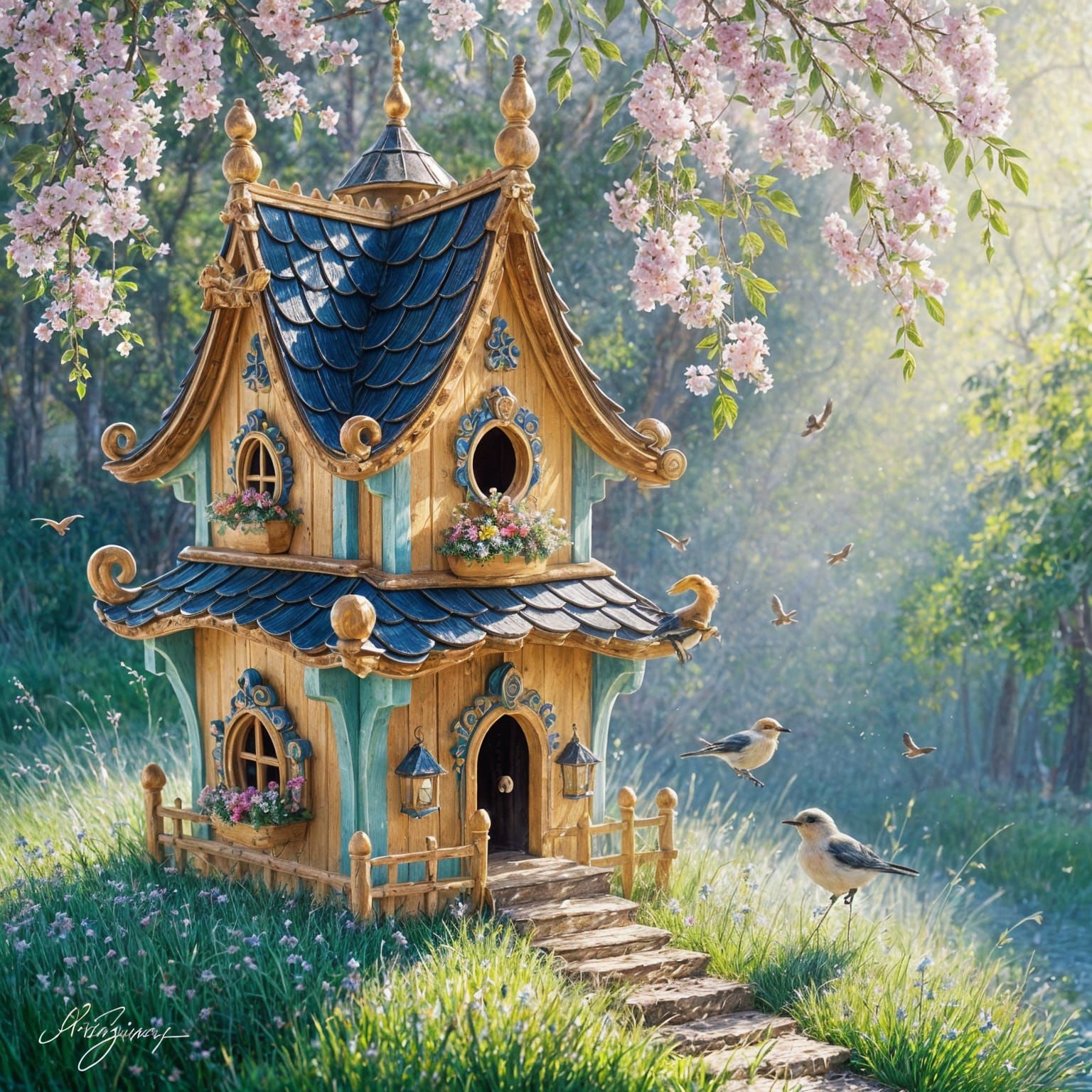 Whimsical Castle Birdhouse in Renoir Oil Painting Style