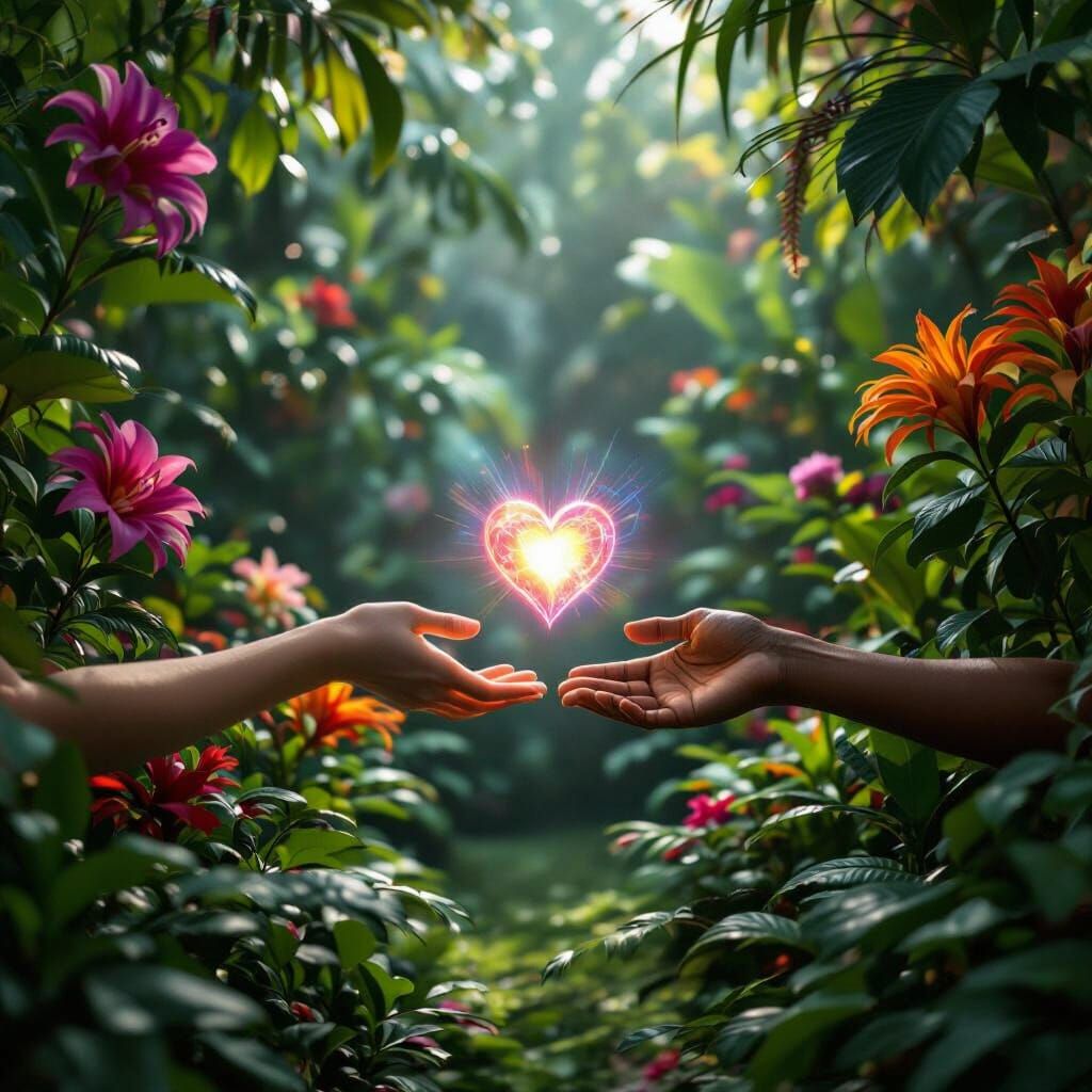 Reaching Hands in Lush Garden with Glowing Heart