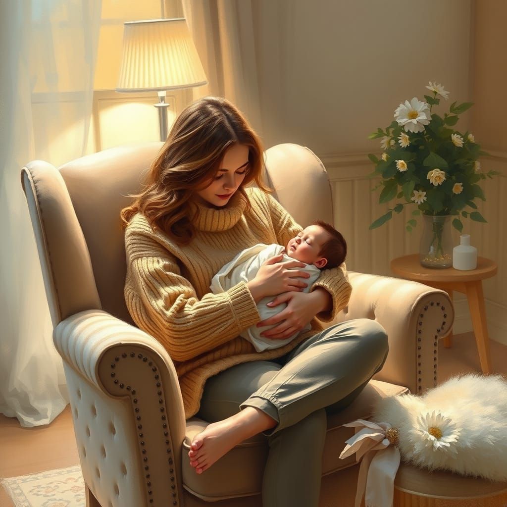 Mother and Newborn in Cozy Nursery, Impressionist Style