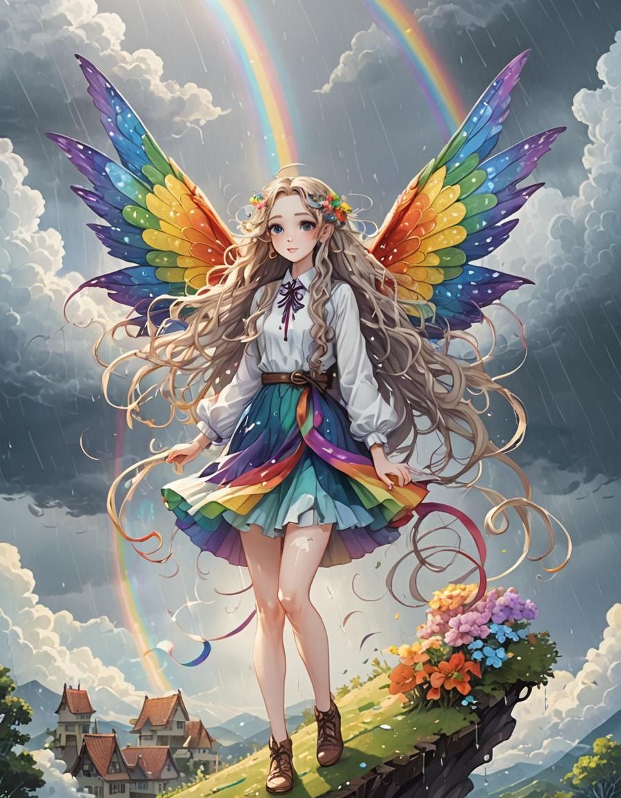 Anime Fairy with Rainbow Hair and Flower Garden