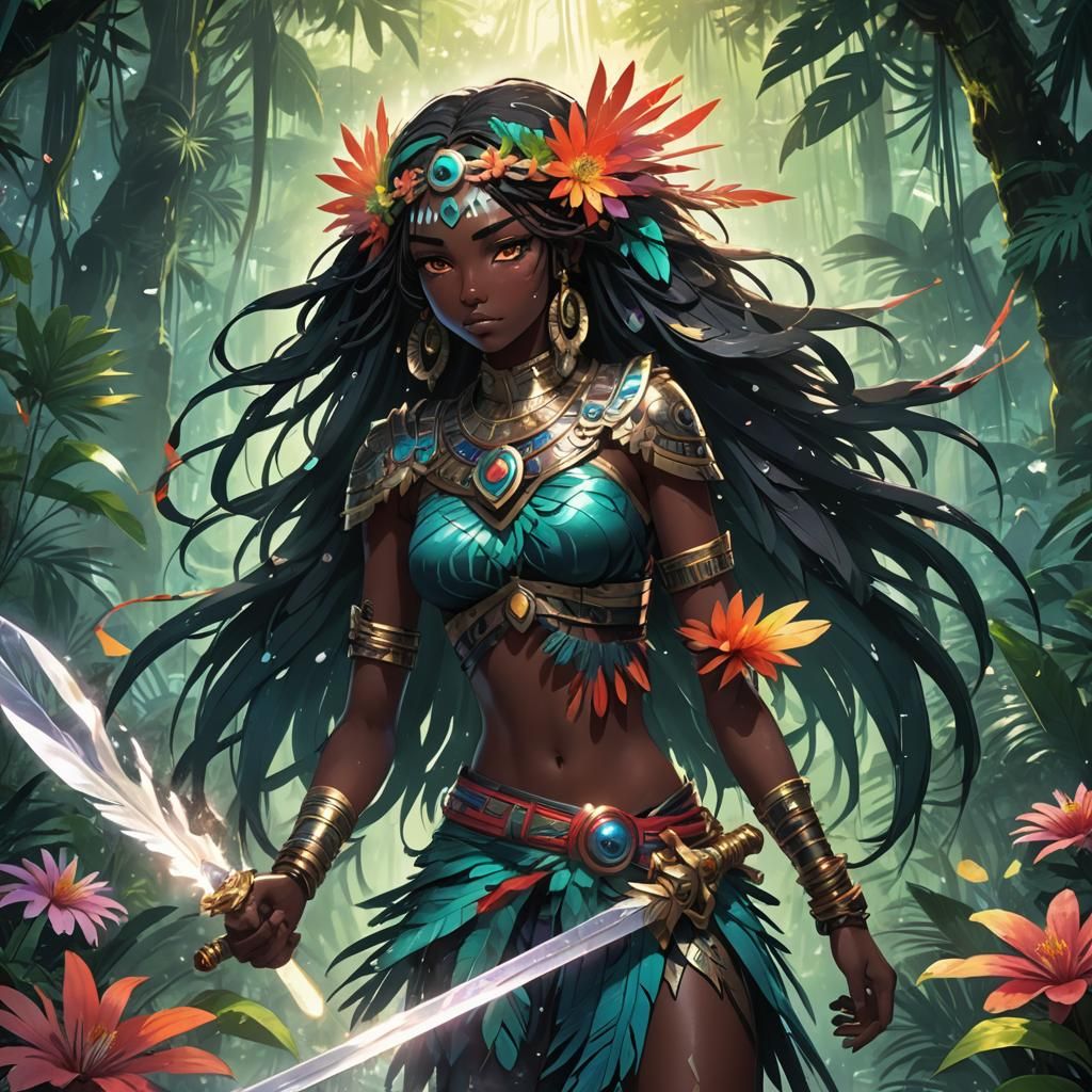 Aztec Anime Girl with Obsidian Sword