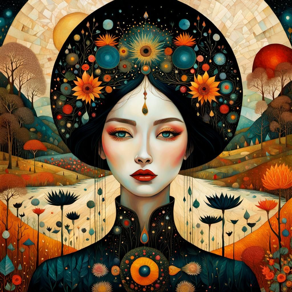 Ethereal Fashion Portrait in Whimsical Folk Art Style