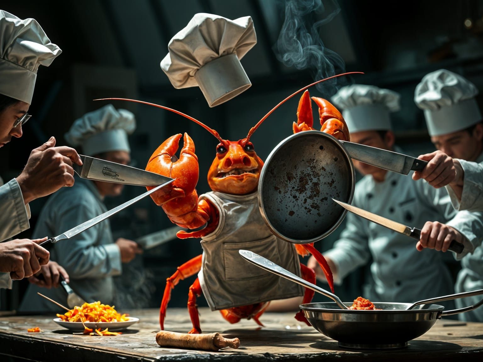Lobster's Culinary Duel in Dark WaterInk Style