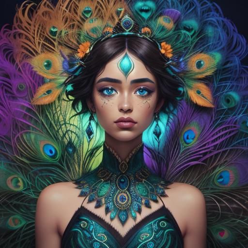 Peacock Woman Portrait in Vibrant Oil Painting Style