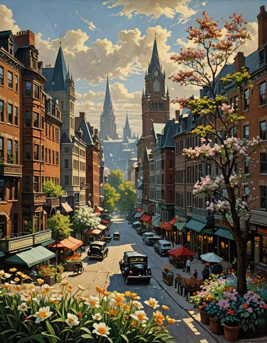 Fantasy Cityscape with Flora in Oil Painting Style
