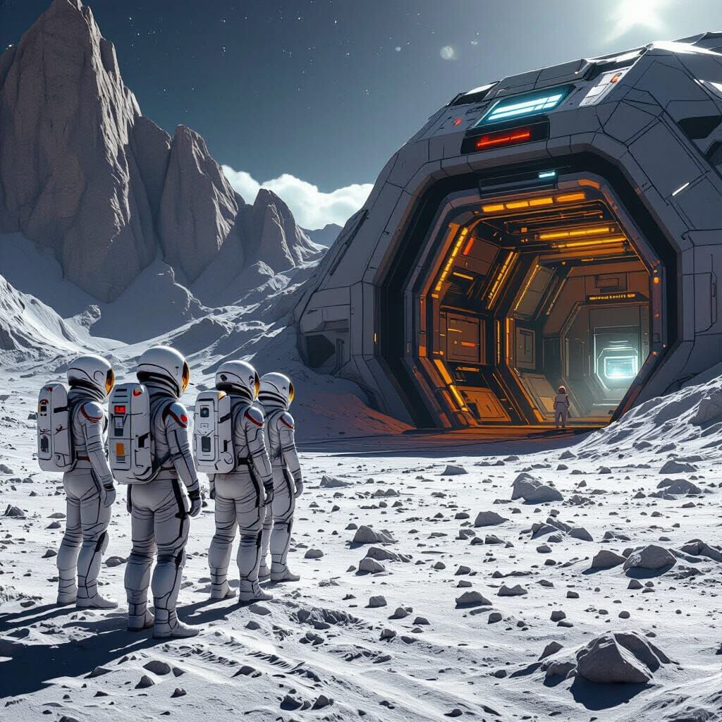 Astronauts on Moon Near Futuristic Hangar