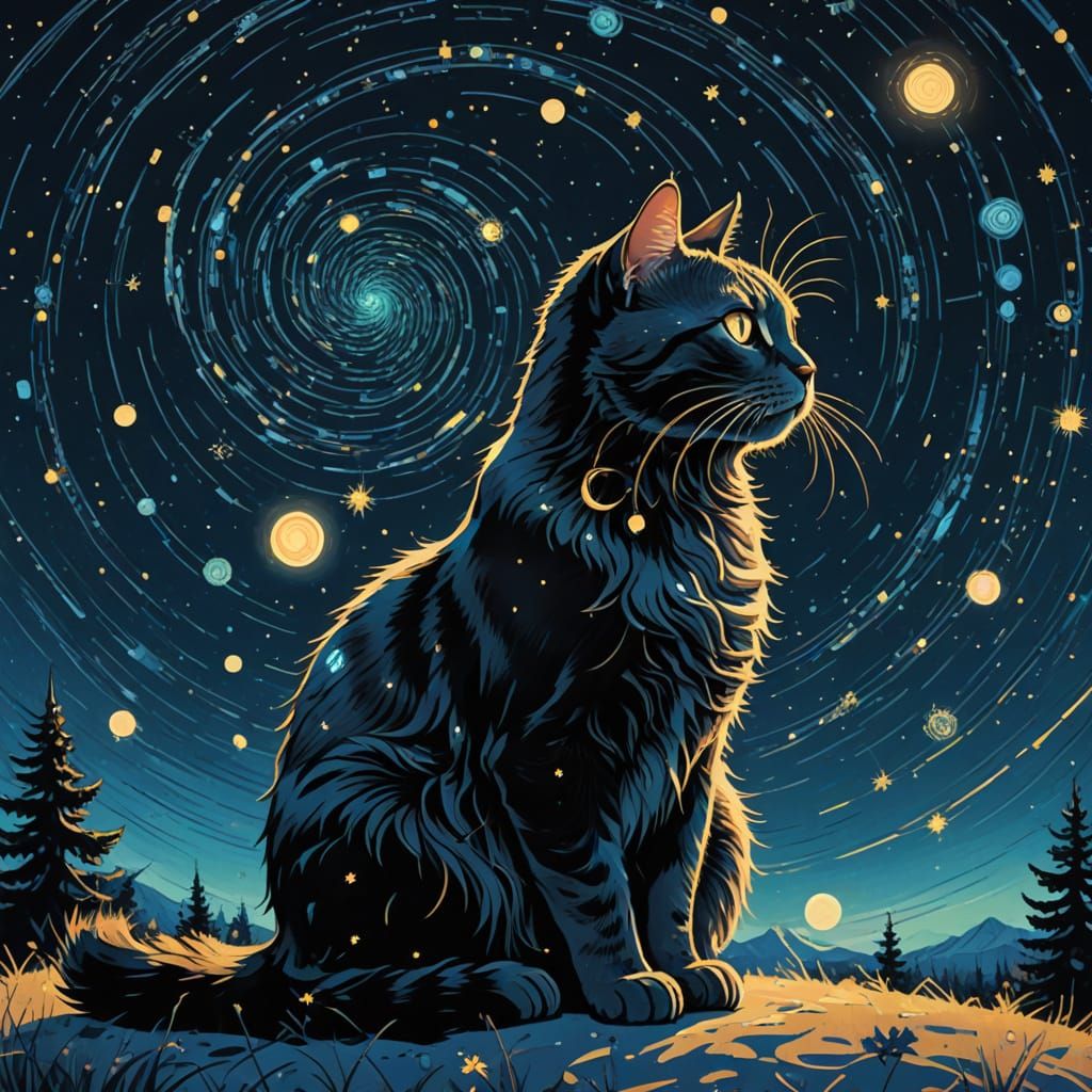 Whimsical Celestial Cat in Starry Night Style