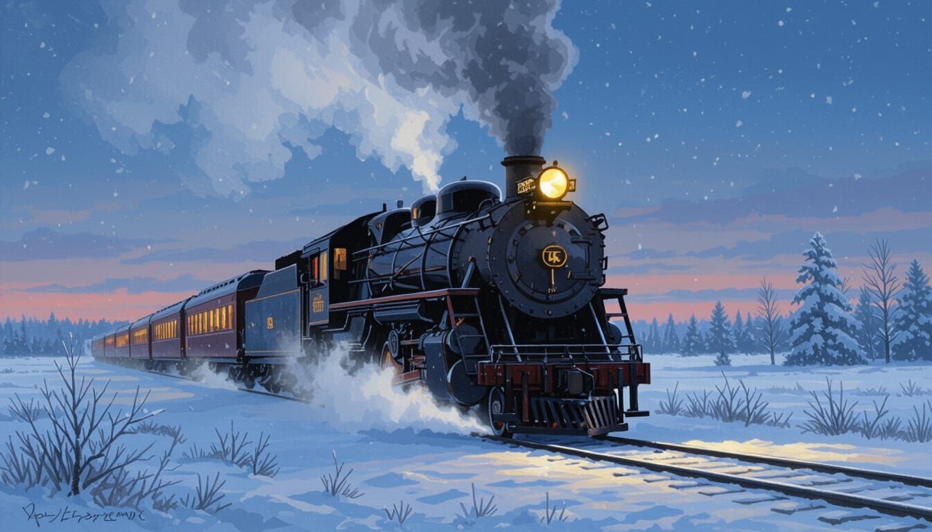 Vintage Steam Train on Snowy Plain at Twilight