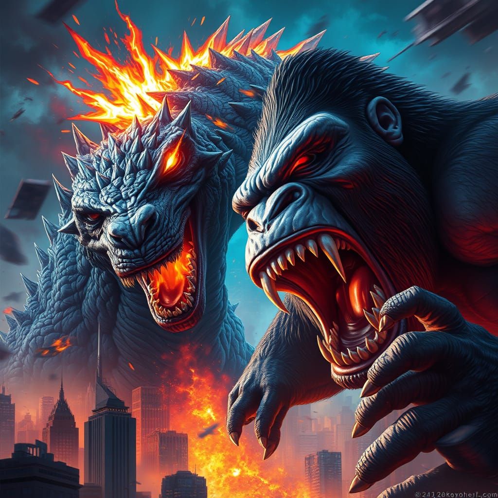 Gigantic Gods Clash in a Fiery Art Nouveau Battle