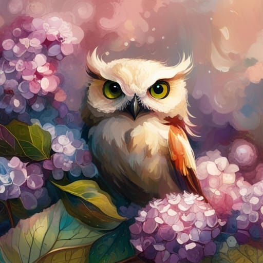 Adorable Baby Owl with Hydrangeas, Detailed Splash Art