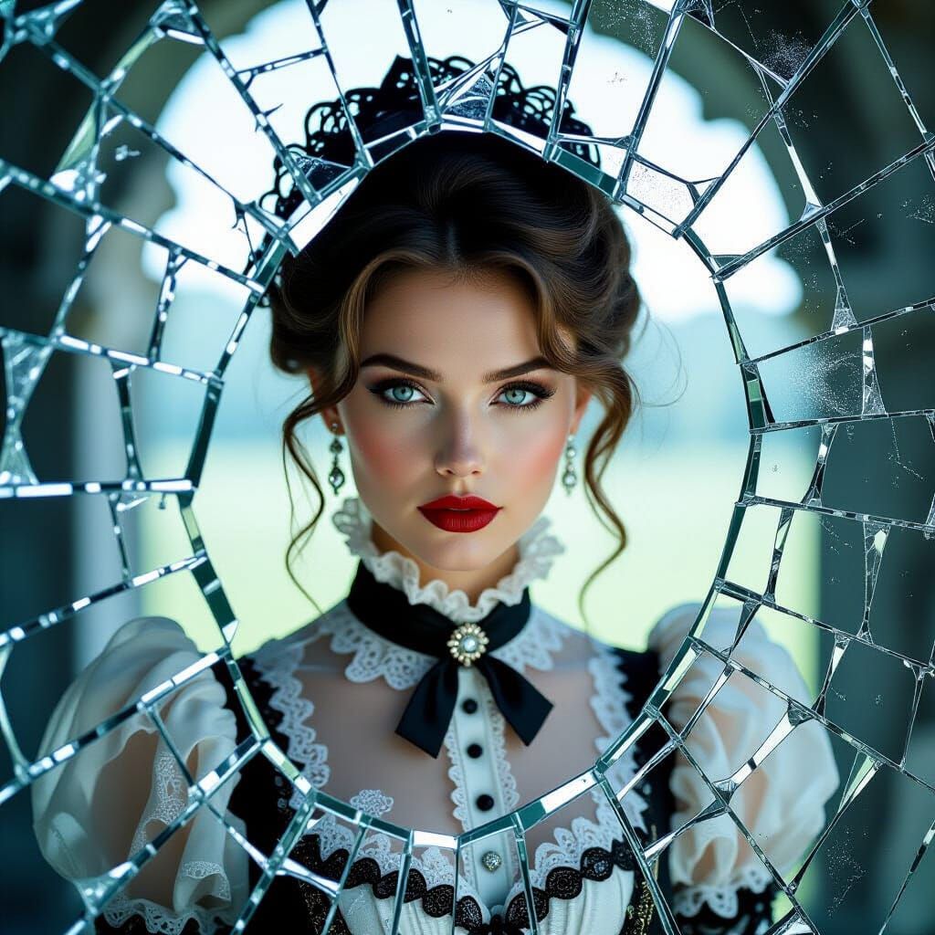 Victorian Woman Reflected in Shattered Glass
