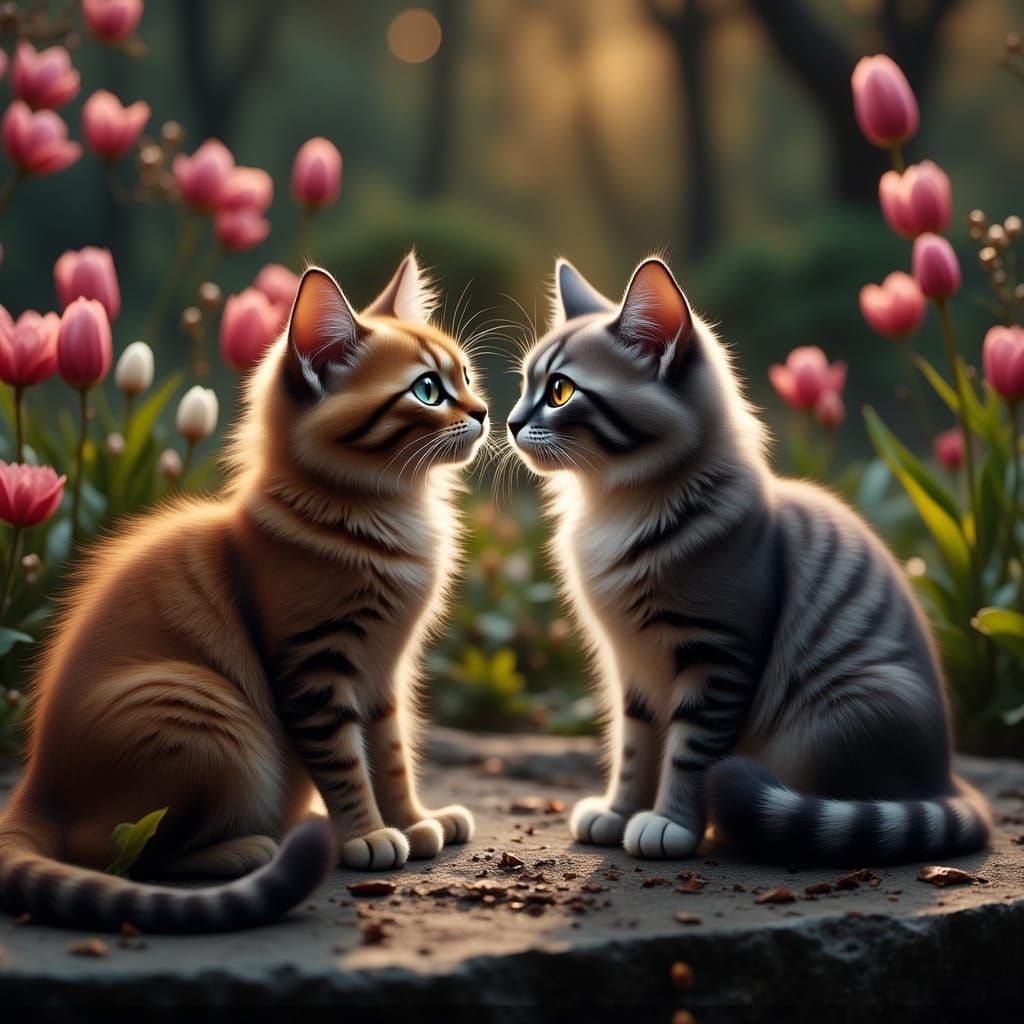 Magical Feline Courtship in a Vibrant Spring Garden