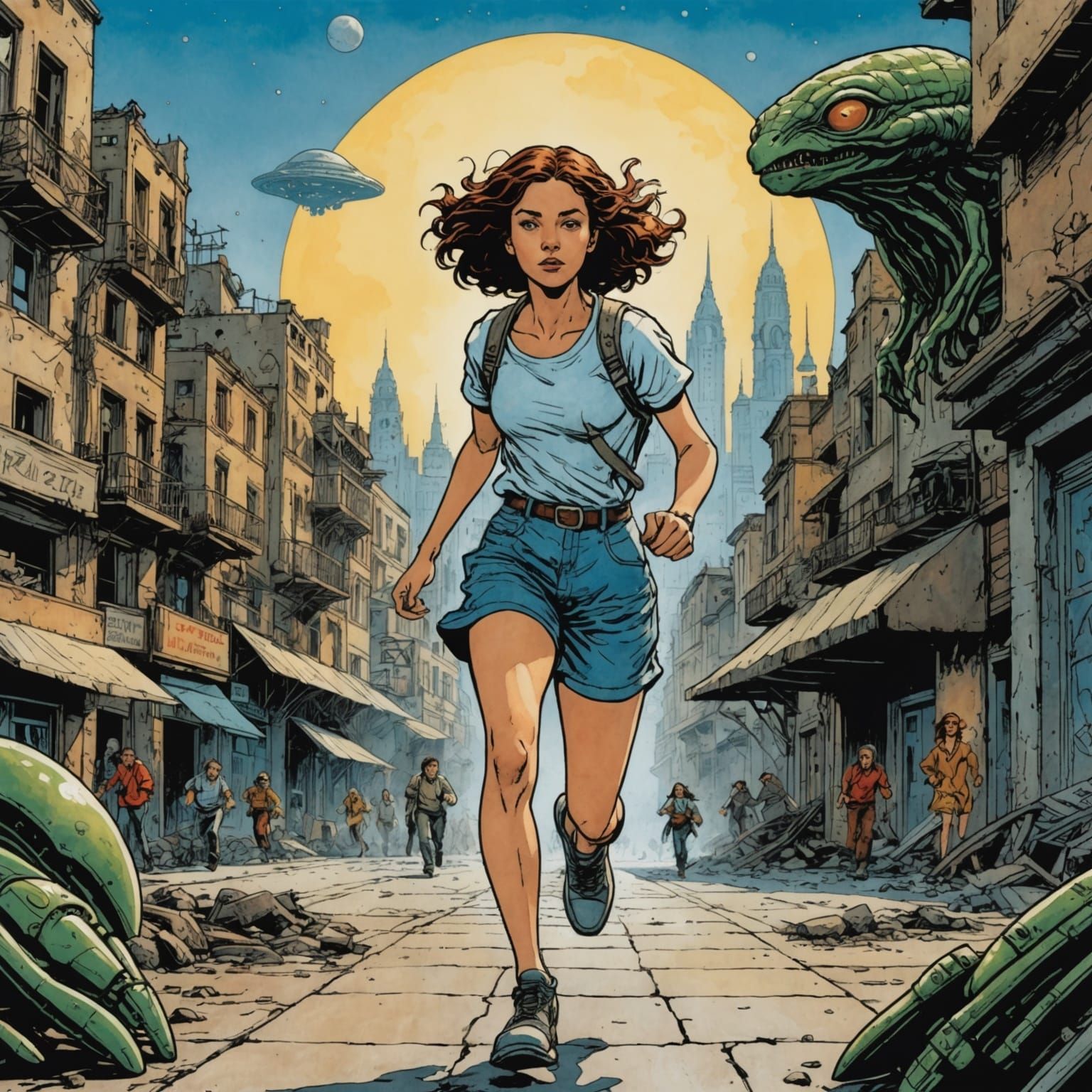 Girl Escaping Aliens in Destroyed City: Comic Book Art