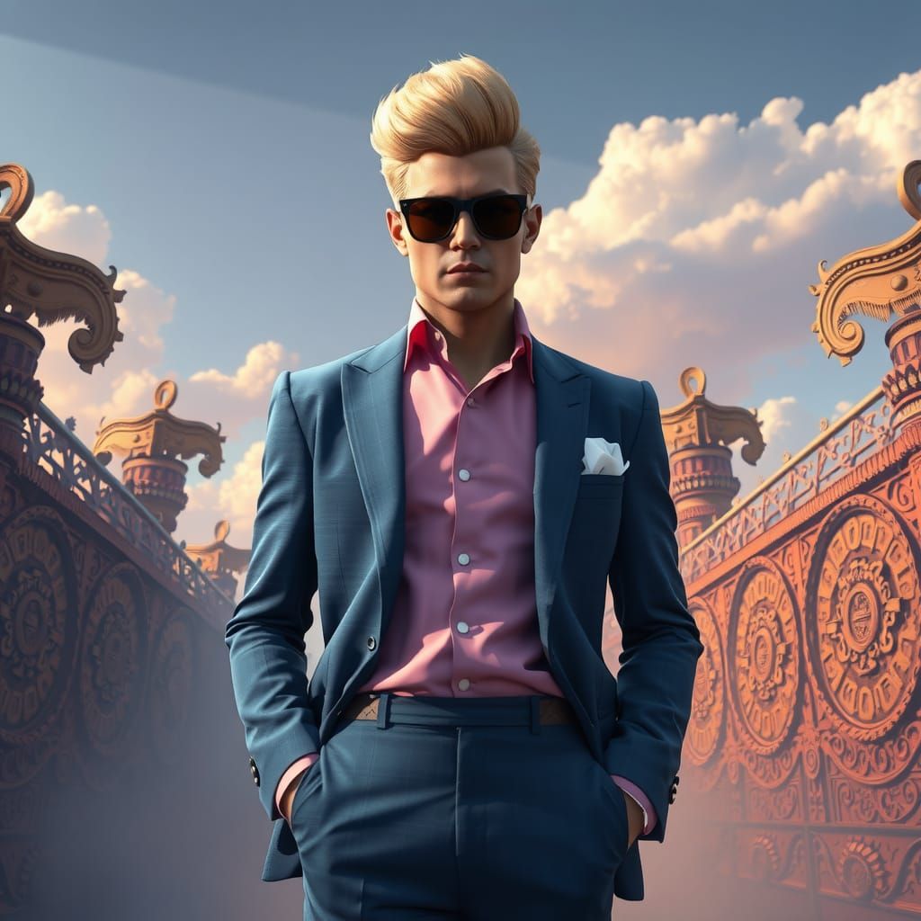 Dapper 1970s Businessman in Dreamlike Environment