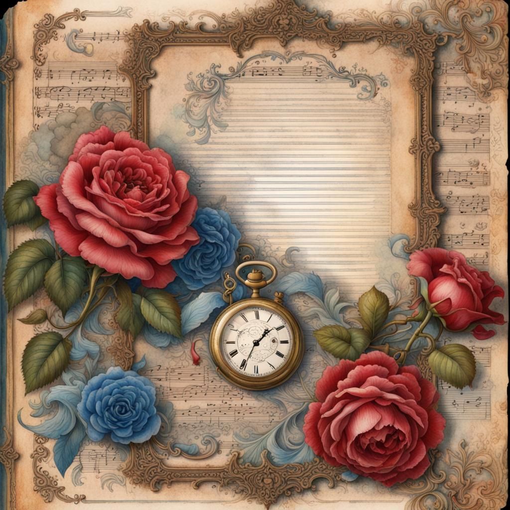 Red and Blue Roses on Journal Page in Rococo Frame