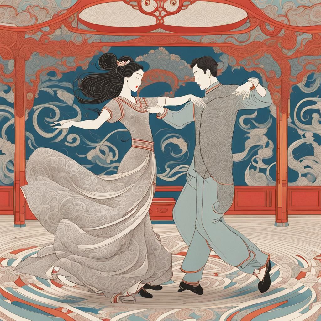 Elegant Couple Dancing in Ukiyo-e Art Nouveau Style