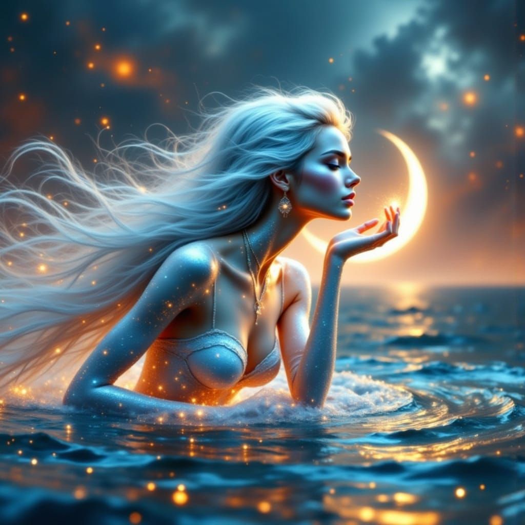 Ethereal Woman Emerges From Cosmic Water Under Starlit Moon