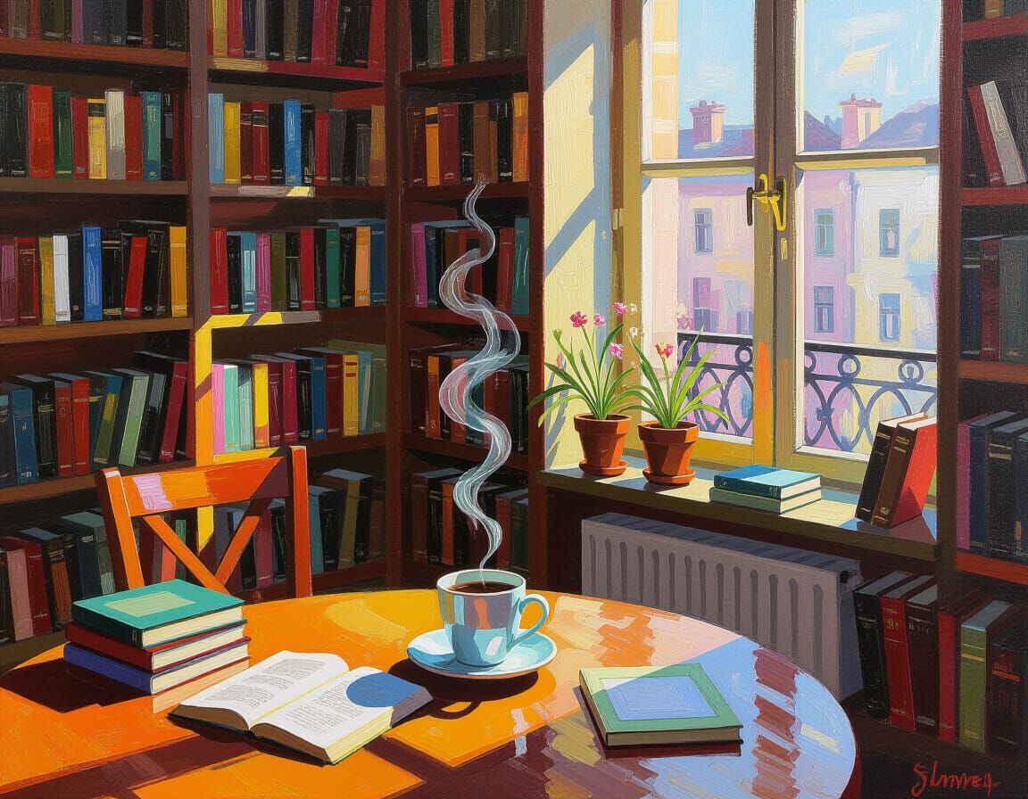 Vibrant Oil Painting of a Cozy Room with Bookshelves and Cof...