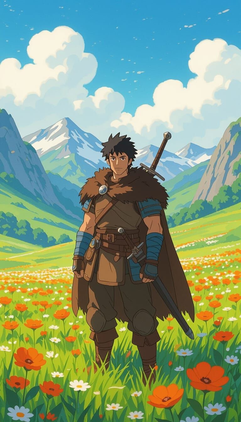 Lone Warrior in Vibrant Valley: Ghibli-Style Anime Painting