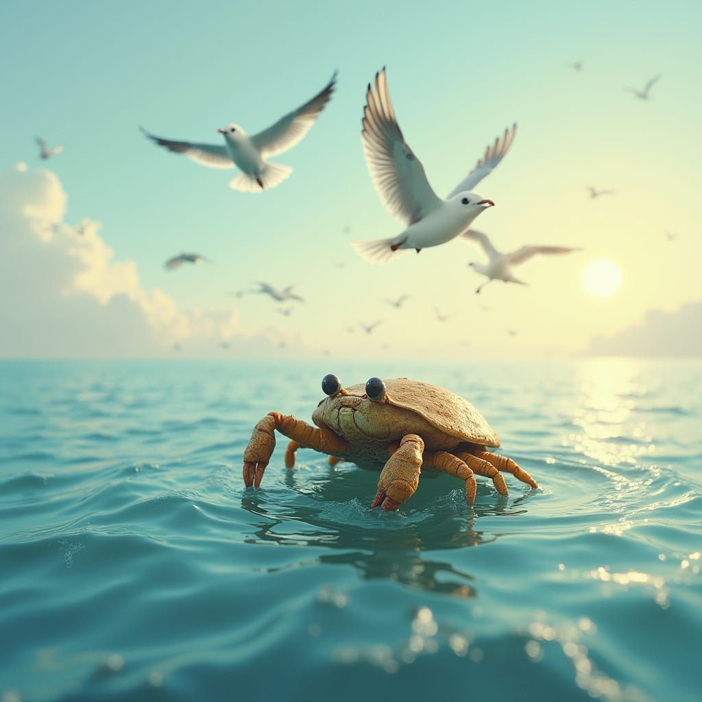 A Delicate Crab Adrift in a Serene Ocean Scene