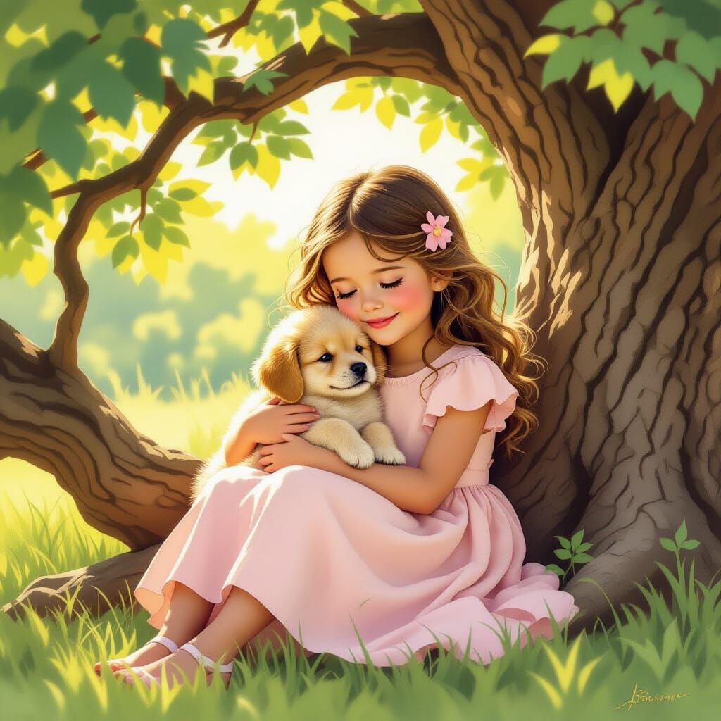 Girl and Puppy in Oak Tree, Storybook Style