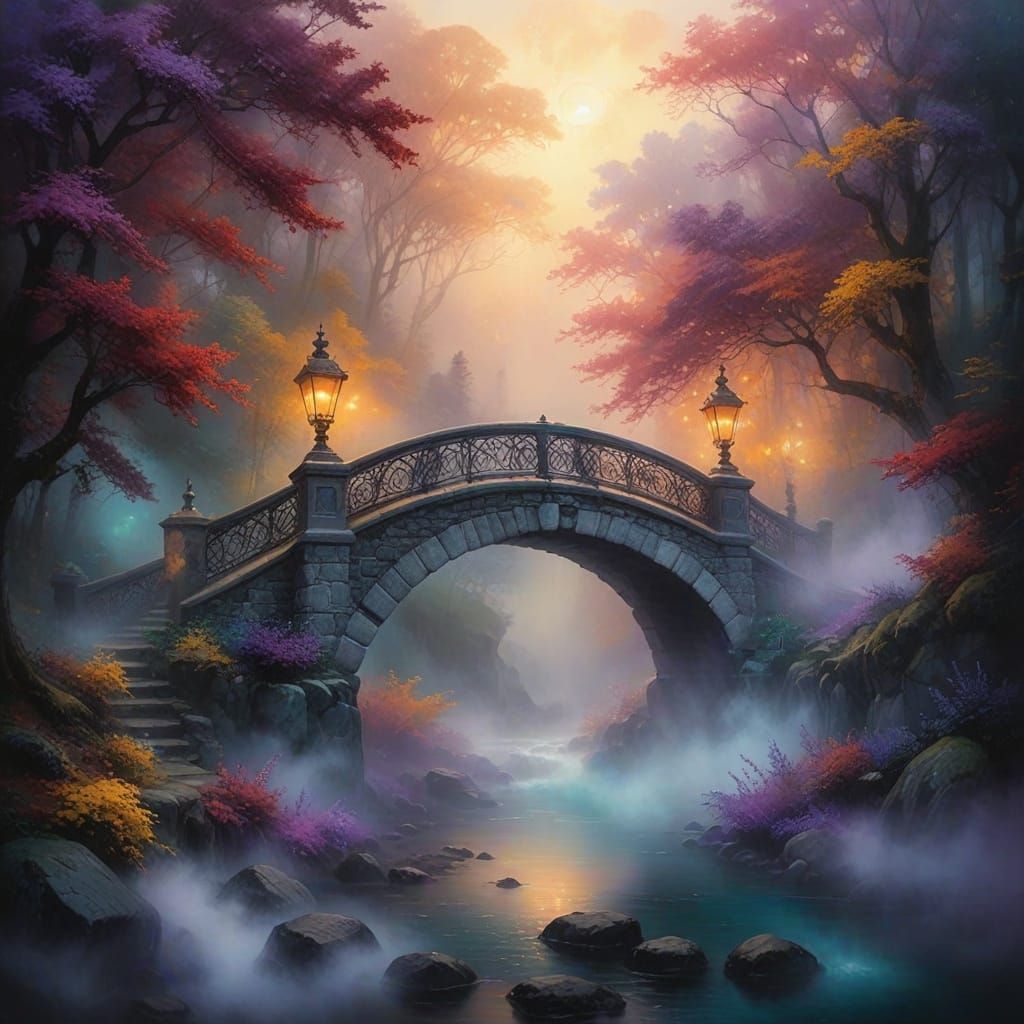 Whimsical Bridge in Mysterious Forest Fog