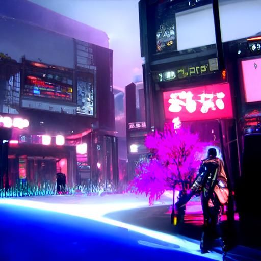 Cyberpunk Samurai in Futuristic Japan with Cherry Blossoms