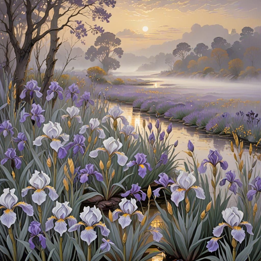 Misty Garden of Lavender and Gold Irises