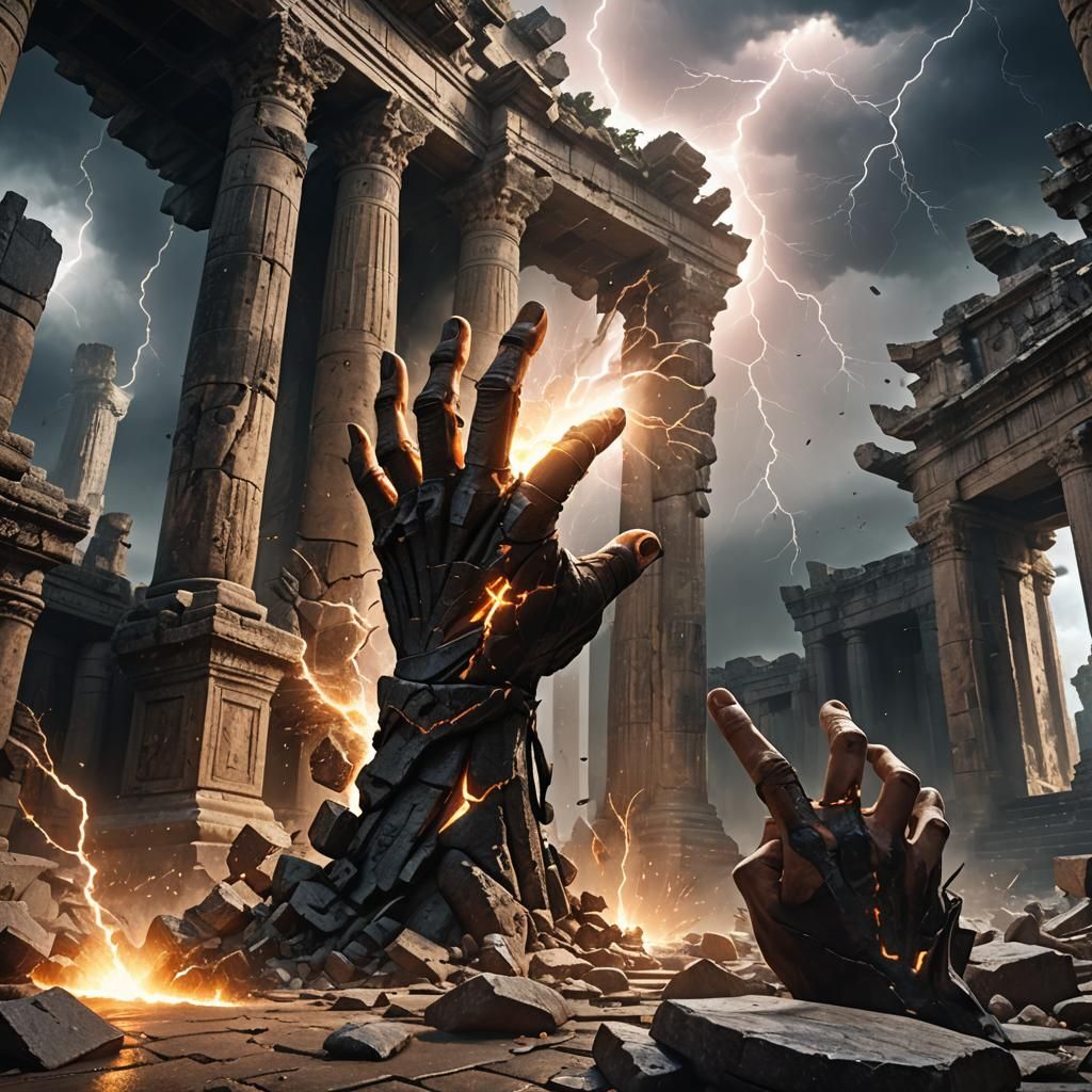 Giant Hand Destroys Temple Ruins in Epic Art