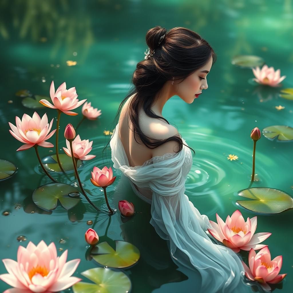 Ethereal Water Nymph Emerges from Turquoise Pond