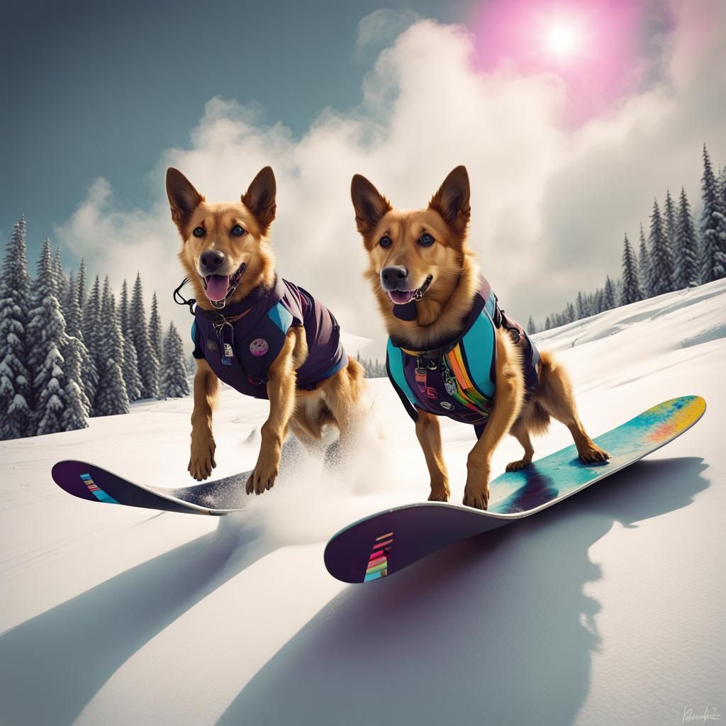 Photograph, dogs snowboarding, funny