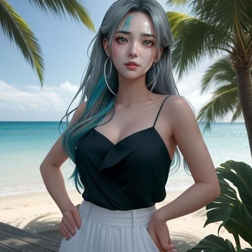 Anime Girl with Vivid Hair in Summer Scene