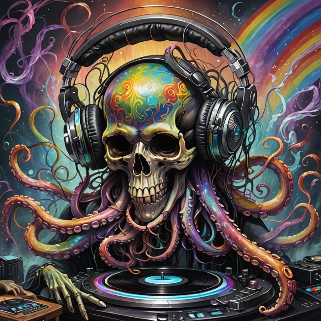 Skull Octopus DJ in Dark Fantasy Art Nouveau Style