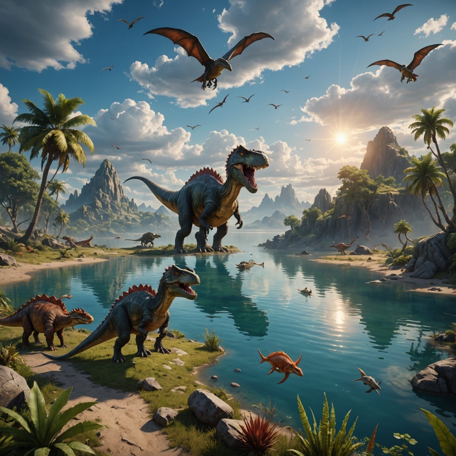 Dinosaurs Roam Prehistoric Lake Shore