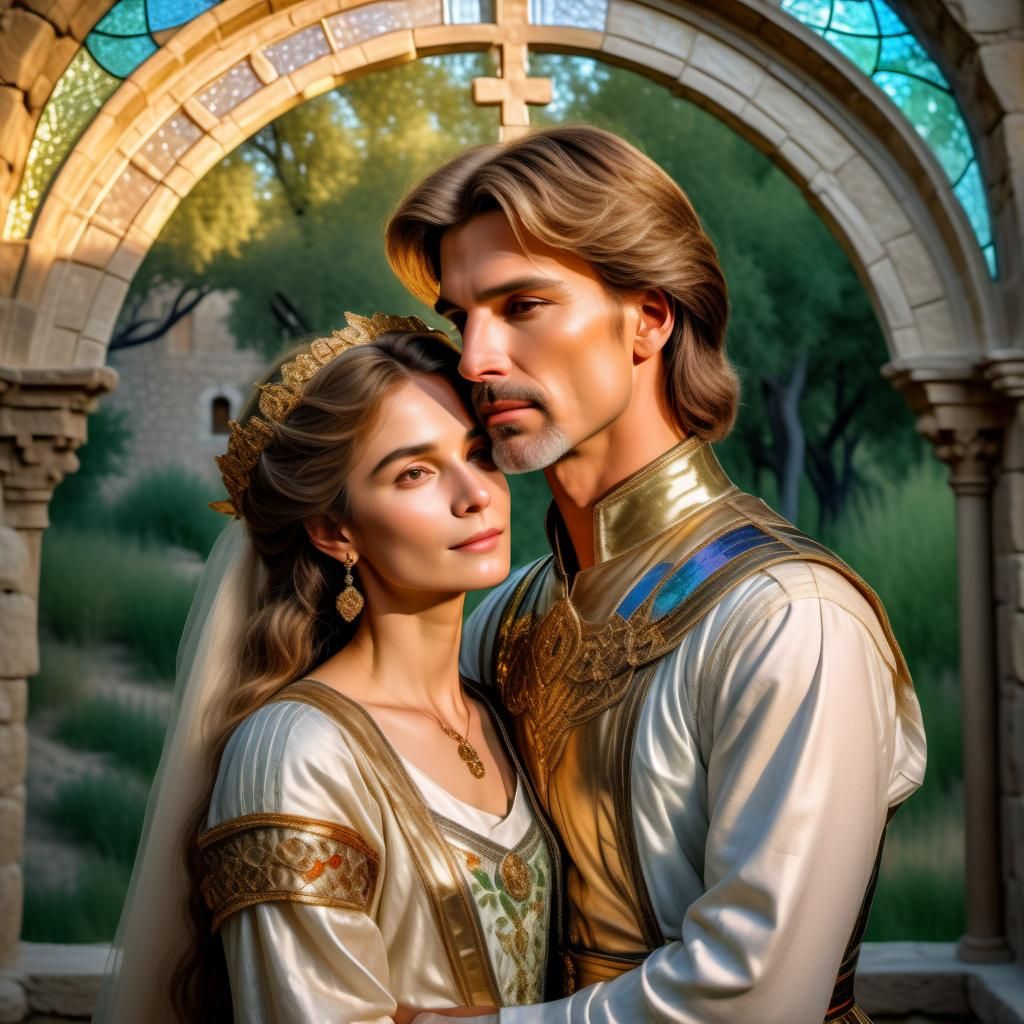 Romantic Prince and Princess Embrace in Castle
