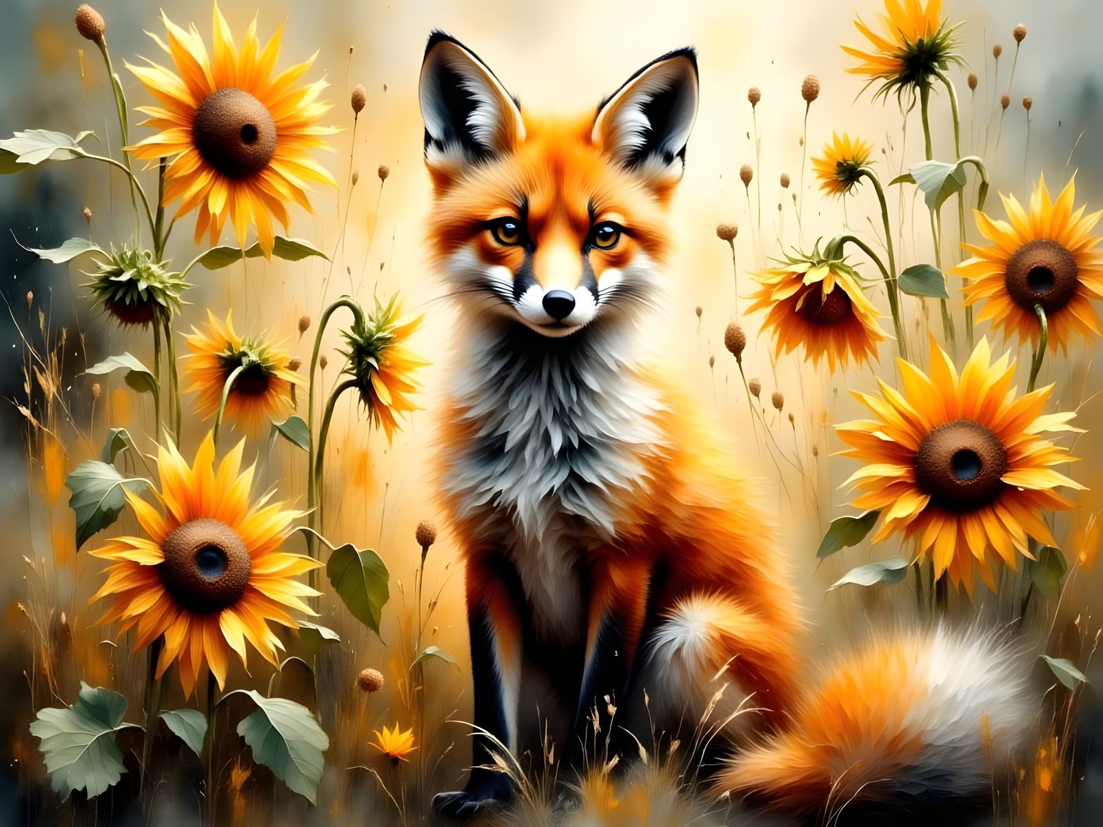 Vibrant Fox in Sunflower Field with Ethereal Glow