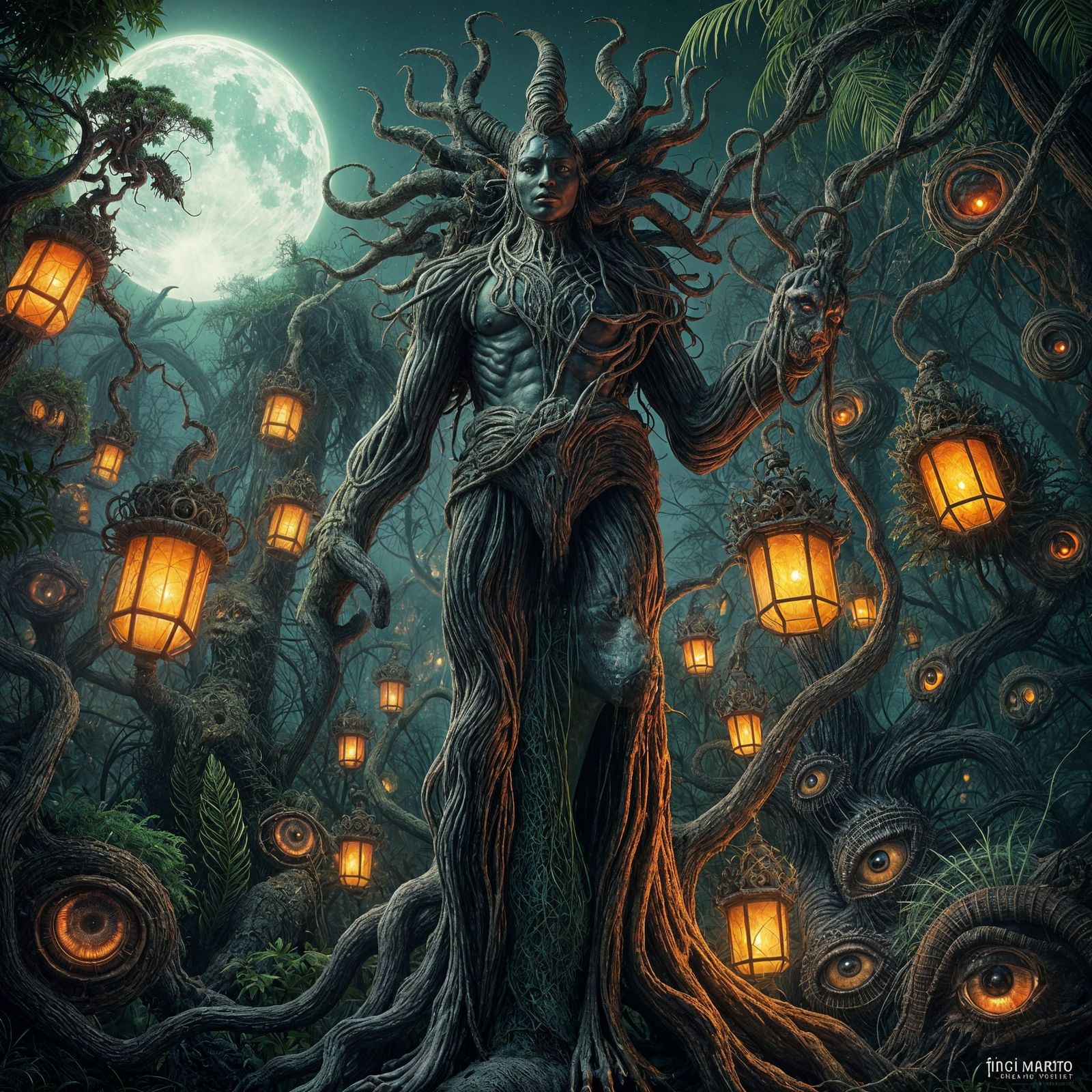 Voodoo god stands in a psychedelic garden of eyes.