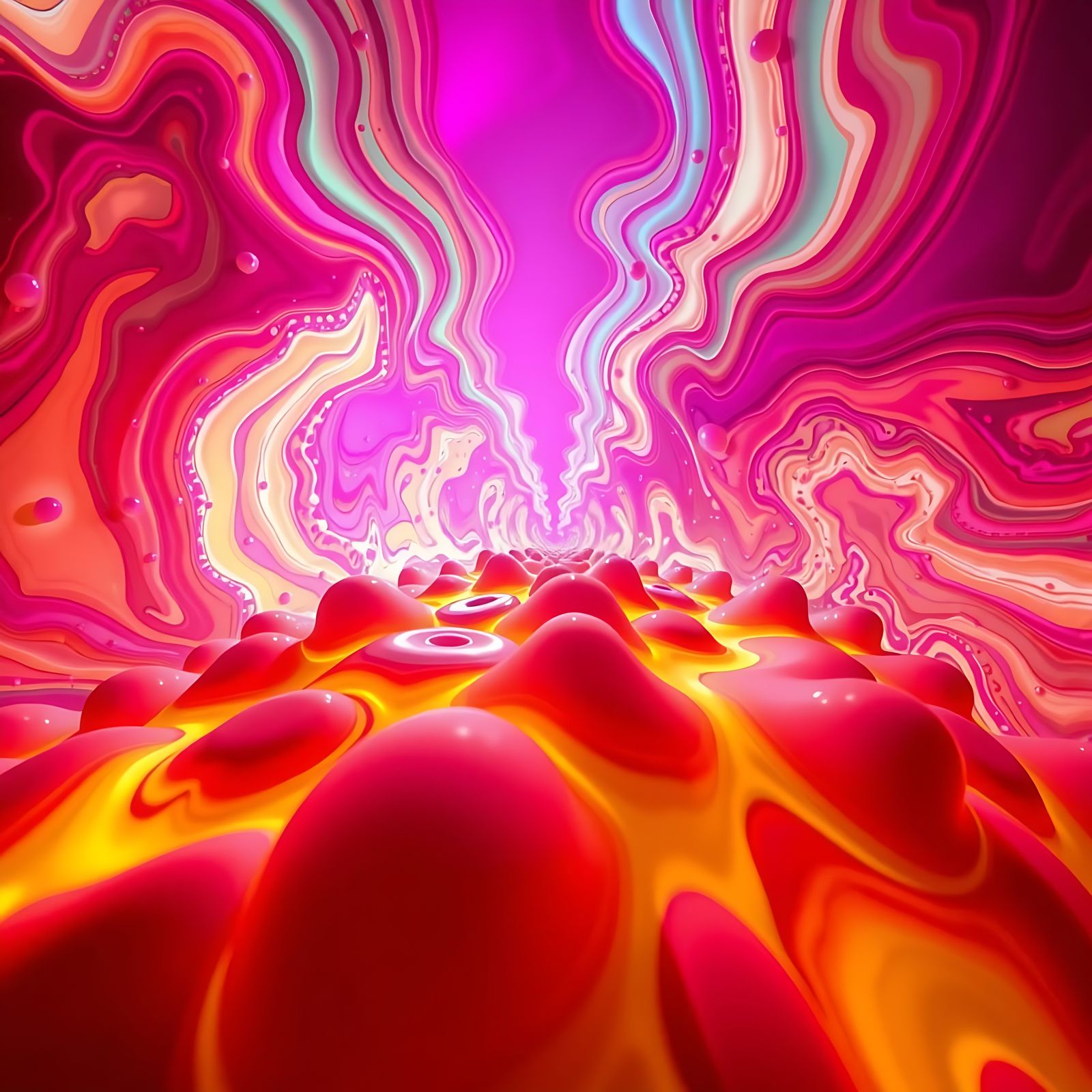 Vibrant Psychedelic Dreamscape with Whimsical Mushroom and D...