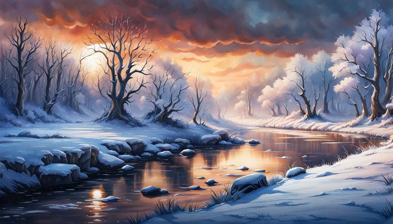 Frozen River: Detailed Winter Landscape in Watercolour