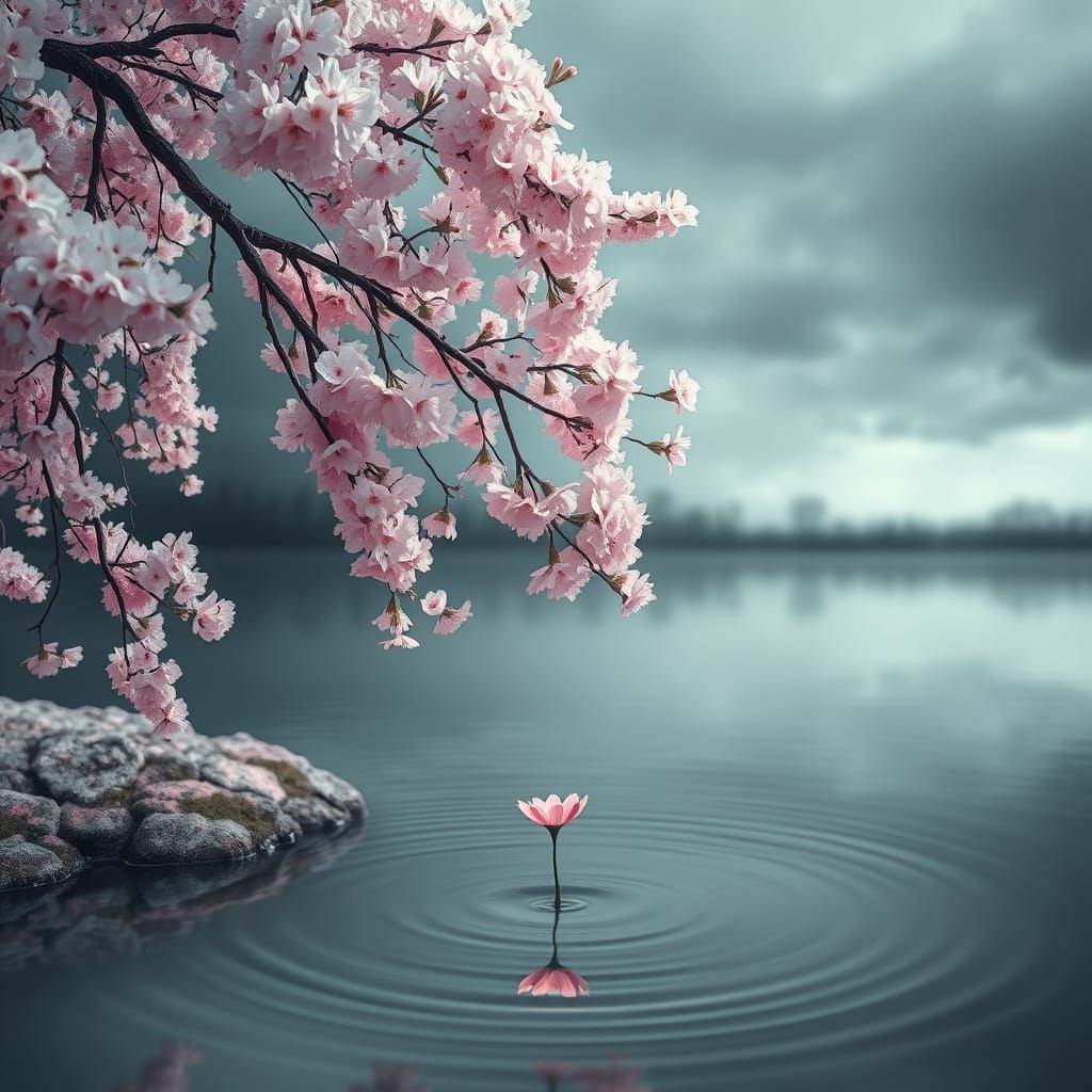A Cherry Blossom Tree Blooms Above a Serene Pond in Soft Pas...