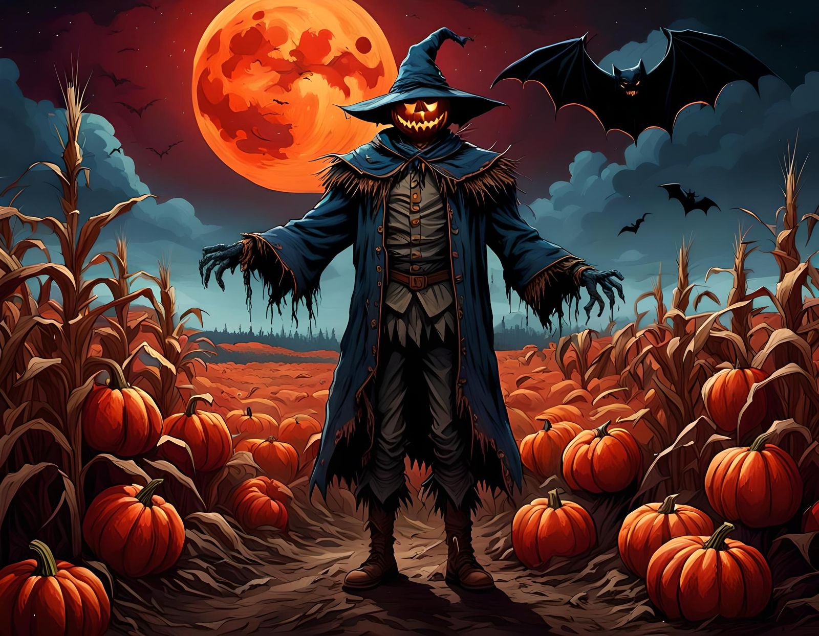 Halloween Night Scarecrow Field Under Red Moon