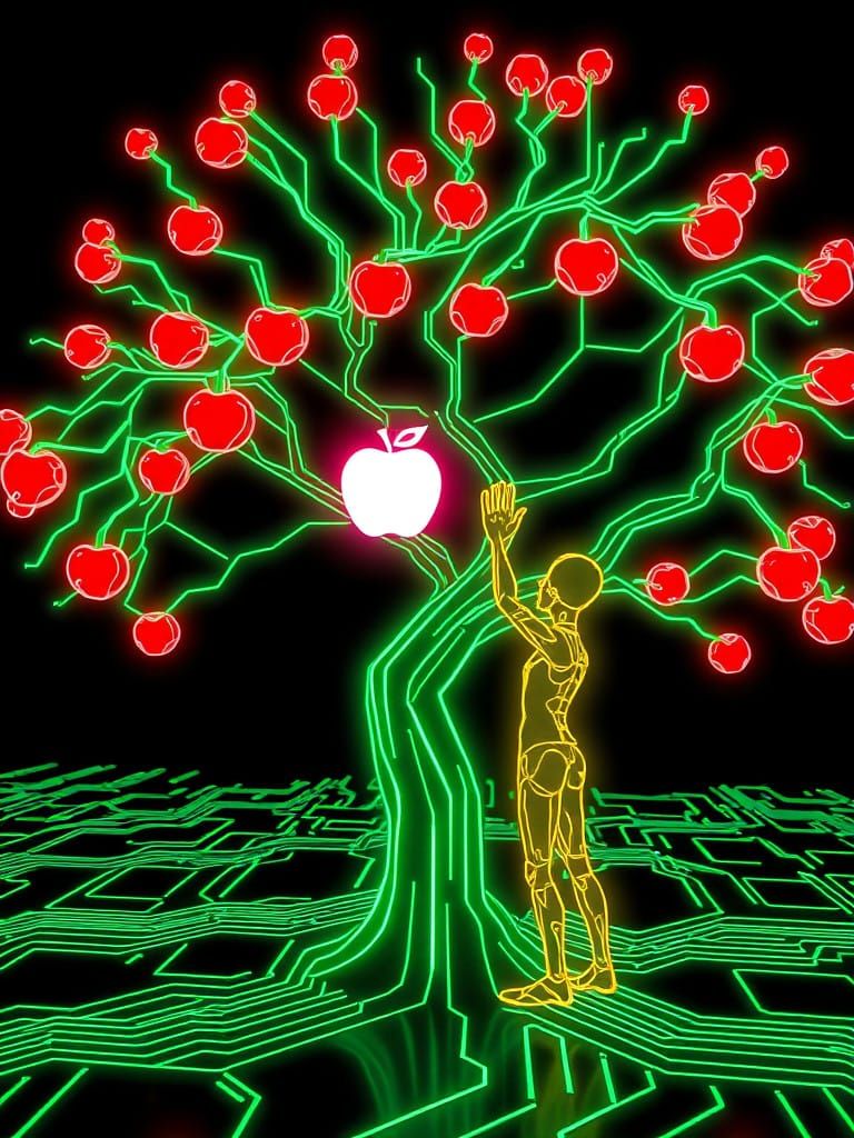 Neon Circuit Board Apple Tree in Cyberpunk Cyberspace