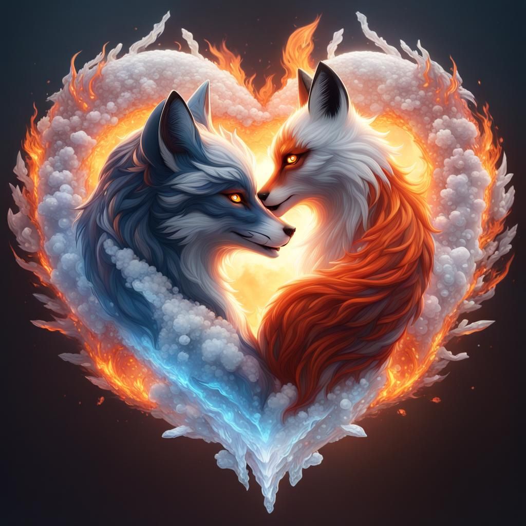 Fire and Ice Foxes in Heart Shape