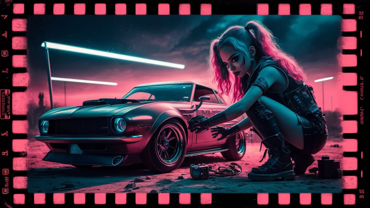 "bodacious goth girl working on a cyberpunk muscle car out i...