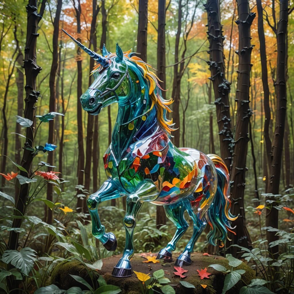 Hyperrealistic Unicorn Sculpture in Forest