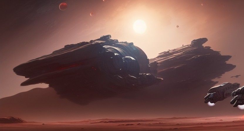 Spaceship Battle Over Mars in Digital Art Style